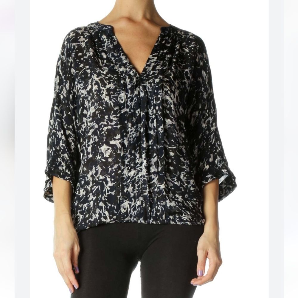 Joie Marru V-neck Navy Multi 100% Silk Blouse Size S